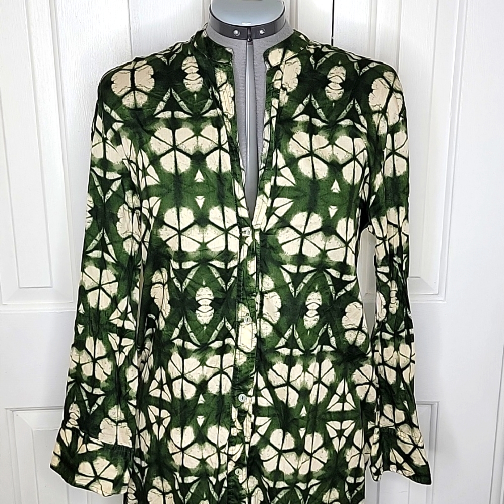 Zara Print Tunic Dress Button Front Size Medium Green and Cream - Picture 2 of 8